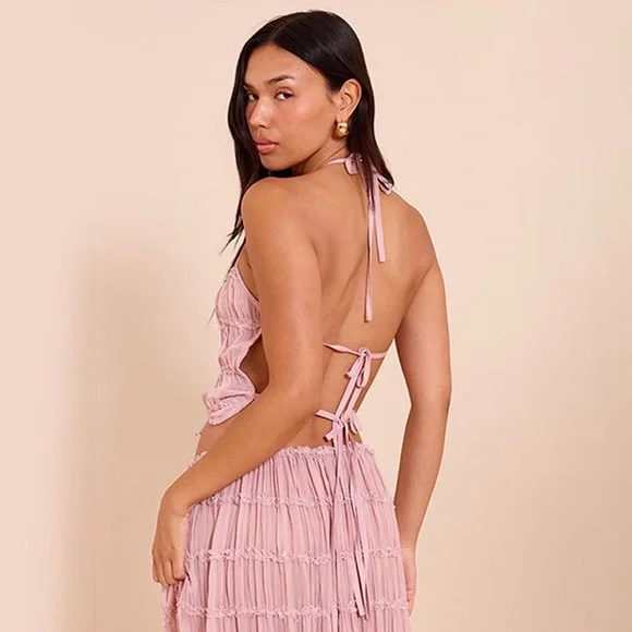 Pretty Little Thing Mauve Chiffon Ruched Frill Detail Halterneck Top - Picture 2 of 8